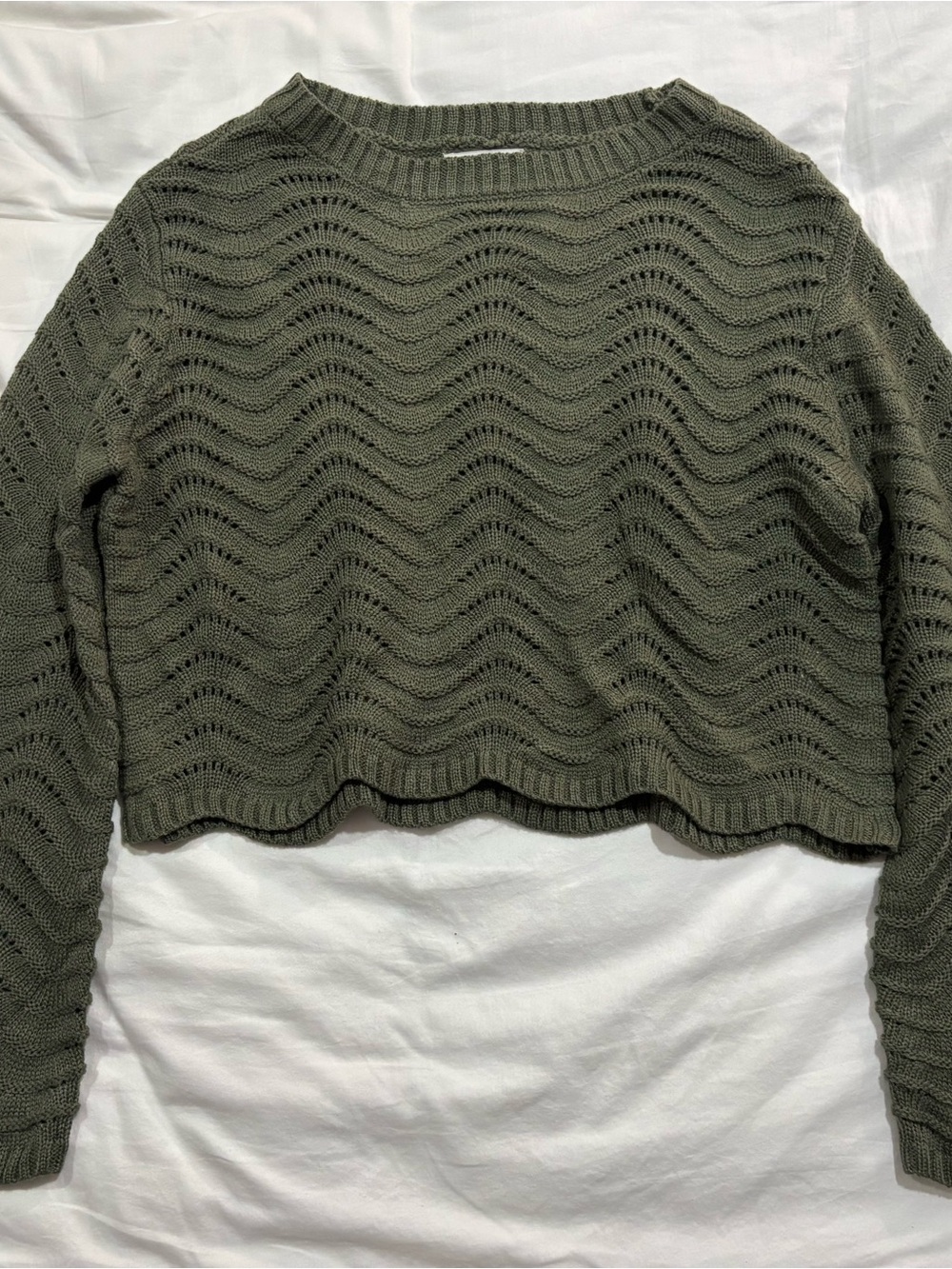 Olive Green Open-Knit Wave Crewneck Sweater